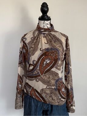Y2K Elle mock neck long sleeve boho brown paisley blouse top